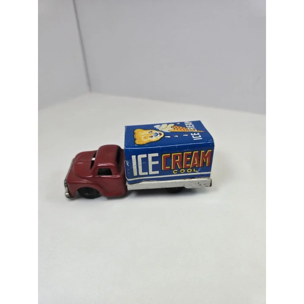 Vintage Tin Litho Ice Cream Delivery Truck Toy Friction Red Blue Advertising